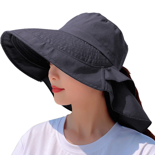ANOTHER CHOICE Womens Sun Hat UV Protection Wide Brim Ponytail Adjustable Beach Visor Fishing Hat with Neck Flap Black